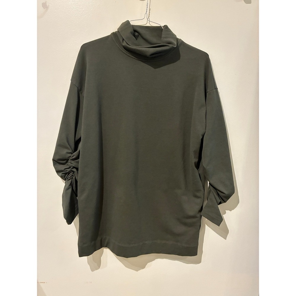 Peruvian Connection Glenda Bailey Olive Green Ruched Sleeve Funnel Neck Top XS